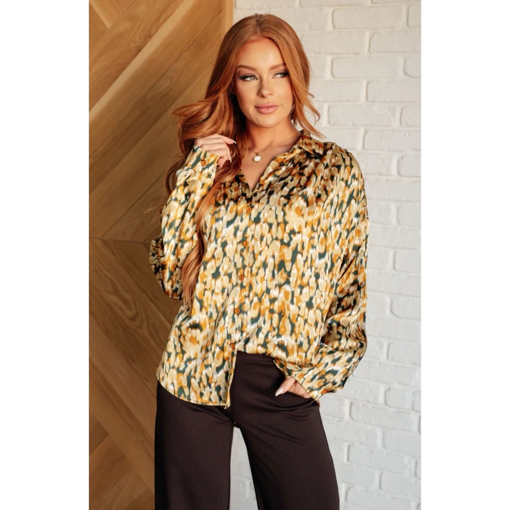 NEW Jodifl Women's 1X Long Sleeve Button Front Blouse Printed Satin